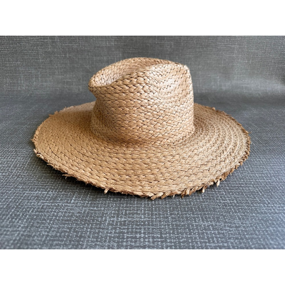 Michael Stars Womens Tan Woven Straw Wide Brim Sun Hat Frayed Edge Fedora Boho
